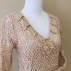 JJ Authentic Crochet Beaded Beige V-Neck Sweater